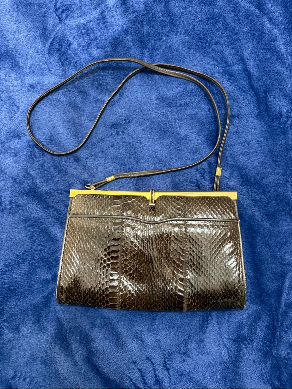 Brown Snake-Embossed Leather Crossbody Bag with Gold Trim